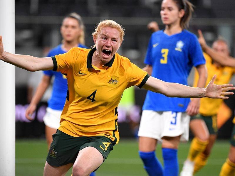 Matildas defender Clare Polkinghorne opened the scoring in the 3-1 win over Brazil in Sydney.