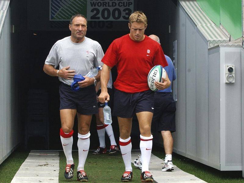 Dave Alred (lf) with England's Johnny Wilkinson, who kicked a drop goal to win 2003 rugby World Cup.