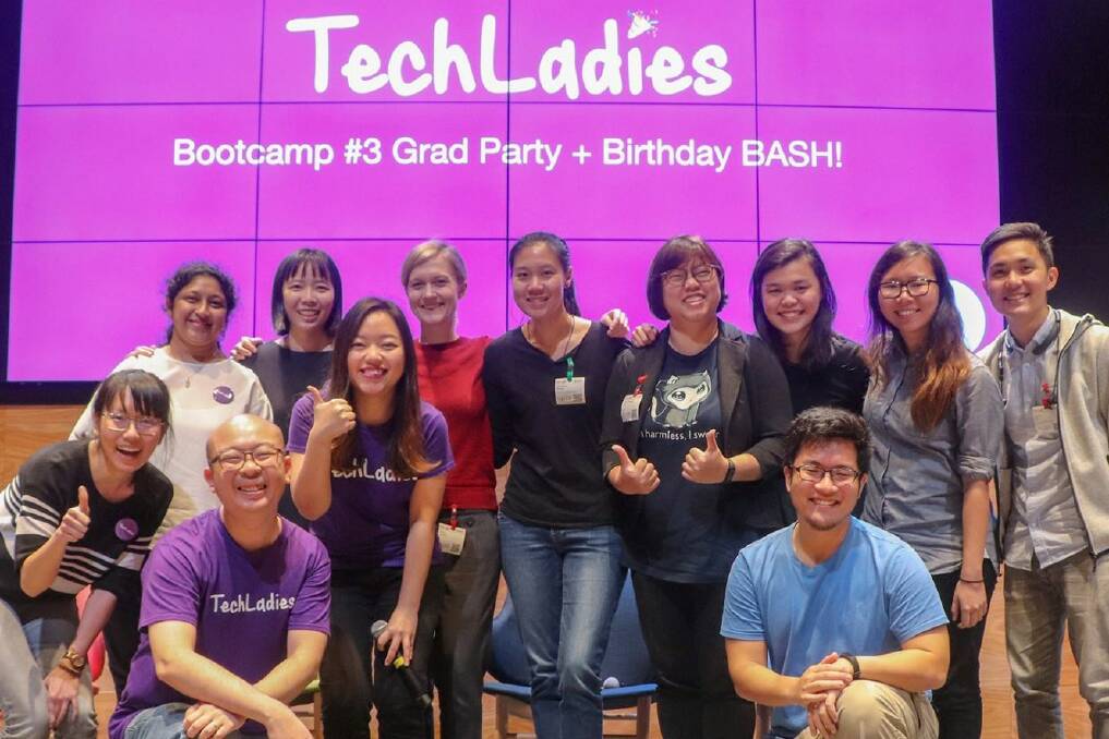 GETTING TECHNICAL: Elisha Tan (fifth from the left) with her group of TechLadies from her third bootcamp, will visit Armidale next week for a workshop.