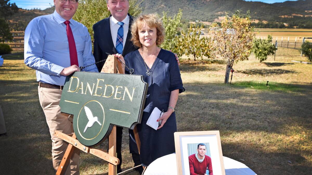 IT'S HERE: NSW Deputy Premier Troy Grant, Acting Prime Minister Barnaby Joyce, and medicinal cannabis advocate Lucy Haslam at the site of DanEden which will be Australia's first medicinal cannabis farm. Photo: Geoff O'Neill 150416GOA09
