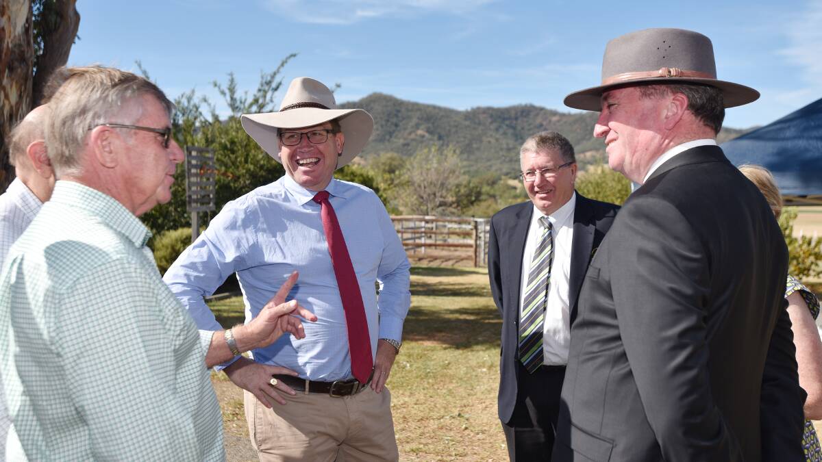 Tamworth Regional Councillor Phil Betts, Deputy Premier Troy Grant, Mayor Col Murray and Acting PM Barnaby Joyce having a few words before the event.  Photo: Geoff O'Neill 150416GOA01