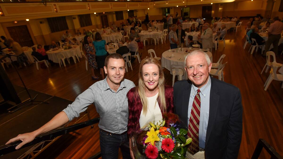 CELEBRATED OWNERS:  Simon Haggarty, his wife Sarah and father Tony Haggarty were special guests this week in Tamworth for the heritage awards and welcomed with flowers for their restoration project at Goonoo Goonoo.   Photo: Gareth Gardner 280416GGD09