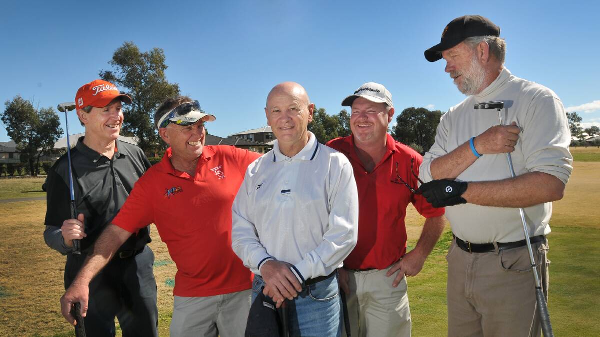 Golfing for charity on Sunday at the Longyard were (from left) Peter Tyndall, Barry Walton, Glenn Inglis, Dustin Evans and Clive Bradbery.  Photo: Gareth Gardner 240814GGB02