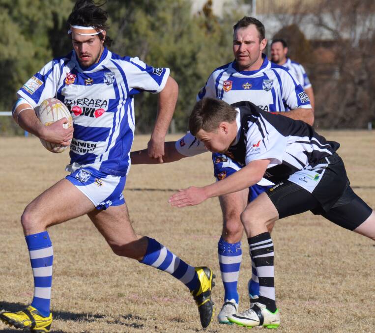 Barraba’s Zac Mallise streaks away from Werris Creek’s Jarrod Tickle on Saturday with Joey Latham in support. Latham and Mallise were both stand-outs in the big win. Photo: Christopher Bath 120714CBA06