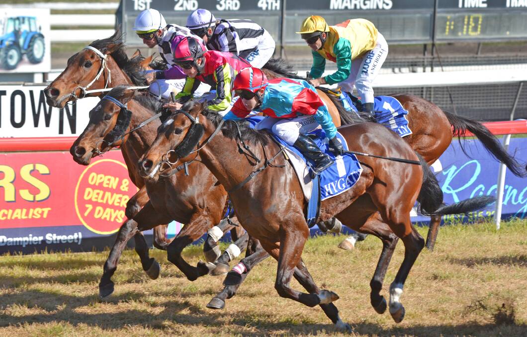 Vad Bolozhinskyi and New Player steam down the middle of the Tamworth track for a win in Friday’s Downtown Magazine Class3 Handicap (1200m). Photo: Barry Smith  110714BSC05