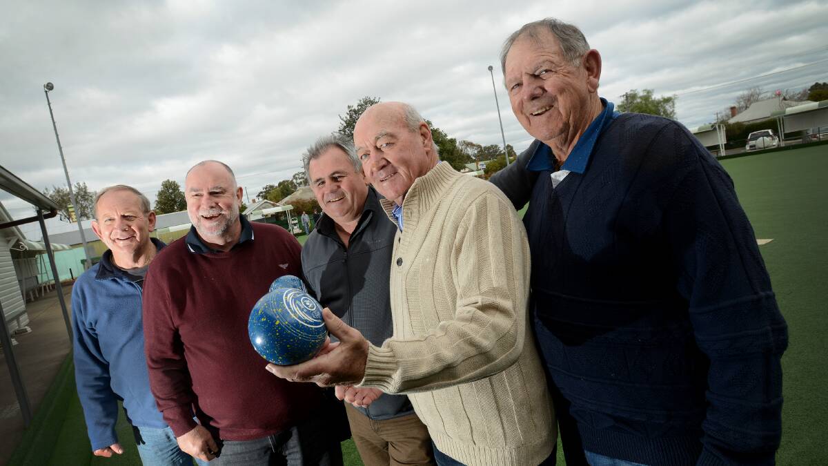 Rolling them down at Manilla yesterday for the Men of League charity bowls day were (from left) Ken Thompson, Neville Glover, Jim Leis, John Quayle and Don Pascoe. Photo: Gareth Gardner  060714GGC02