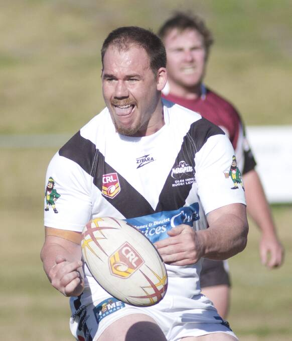 Tryscoring prop Jeff Moate offloads in Saturday's physical win over Inverell. Photo: John Hamilton