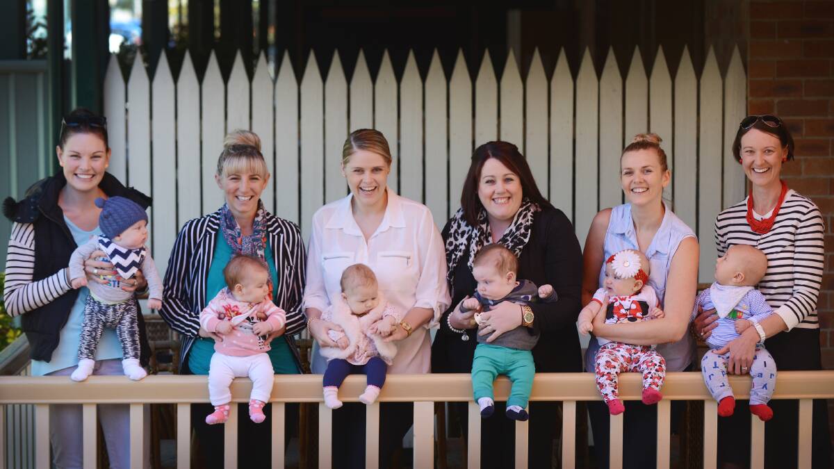 Mothers do Have ’em: New mothers, from left, Erin Carroll and Nash, Shona Charlesworth and Harper, Alana Balderston and Lilly, Kendall Pearce and Miles, Holly Schultz and Bethany and Liz Blackburn and Jimmy are pretty happy with their bundles of joy. Anything else they may get is a bonus. Photo: Barry Smith 150515BSB04