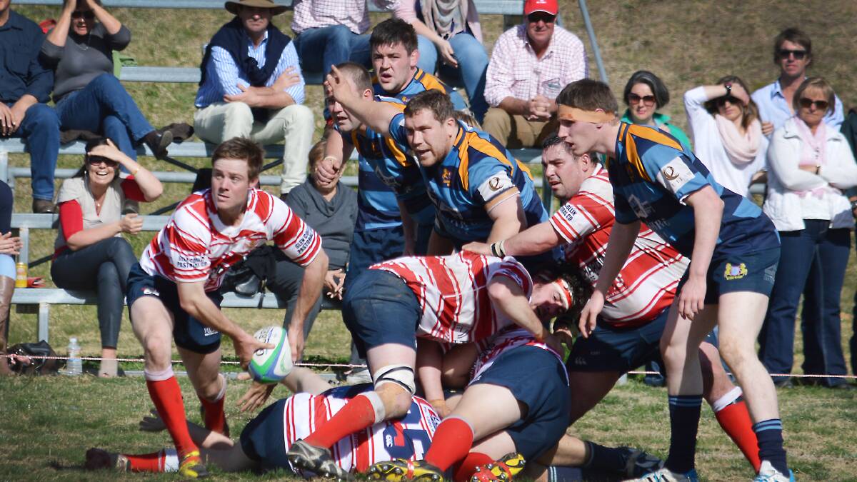 Walcha's Richard Young looks to set up an attacking move as Scone's (L-R) Anthony Kent, Angus Burns (slightly obscured), Heath Justin and Martin Feehan man the ruck. Walcha prop Sam Martin watches on. Photo: Sam Newsam 310814SNA04