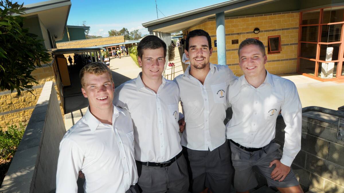 Off  to the west coast of America for a 14-day, four-game rugby tour are (from left) Brad Thrift, Ryan  Witherdin, Lachlan Etheridge and Ryan Prentice.   Photo: Gareth Gardner  090414GGA01