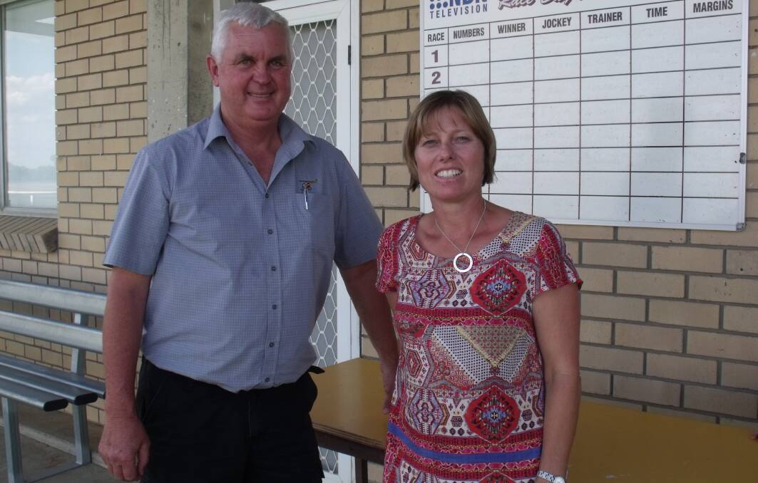 Westpac Rescue Helicopter Service’s Jeff Galbraith (left) and Moree Race Club secretary Michelle Gobbert are ready for a big charity dinner tonight and then tomorrow’s Chopper Cup meeting. Photo:  Kim Blanch