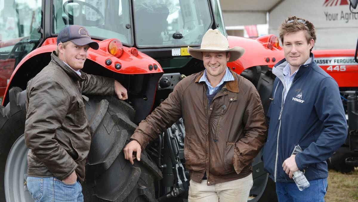 These fellas travelled a country mile or two to check out the latest tractors – George Lee-Warner from Aberdeen, Mac Rutledge from Singleton and Will Michell from Dubbo. Photos: Barry Smith 190814BSC01    