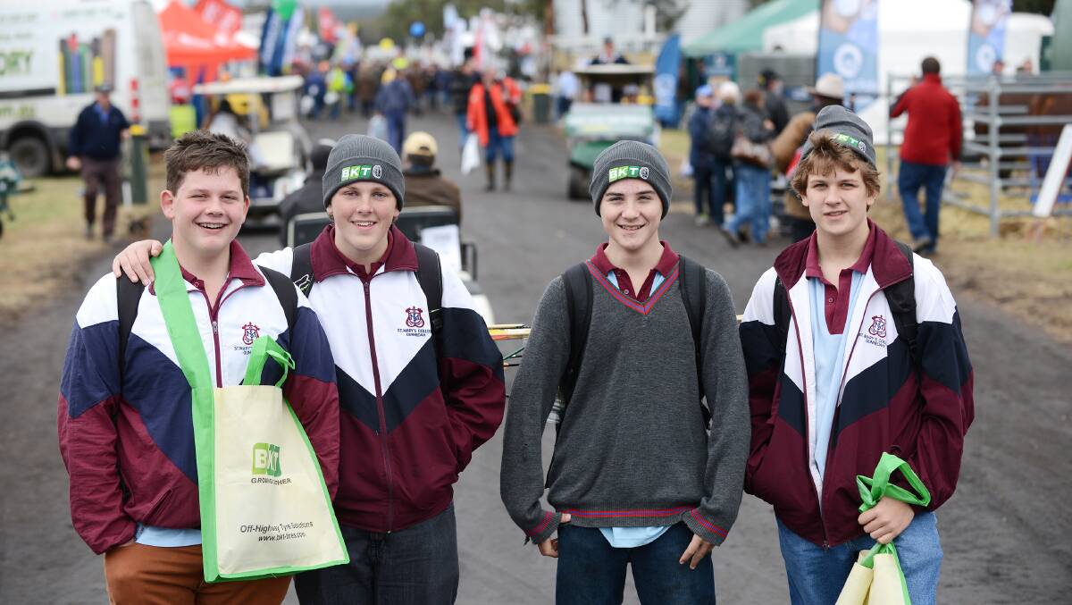 Local lads Lachlan Jones, Zac Priestley, Kane Spradbrow and Max Crowhurst from St Mary’s College in Gunnedah lapped up at their day at AgQuip. 190814BSC20