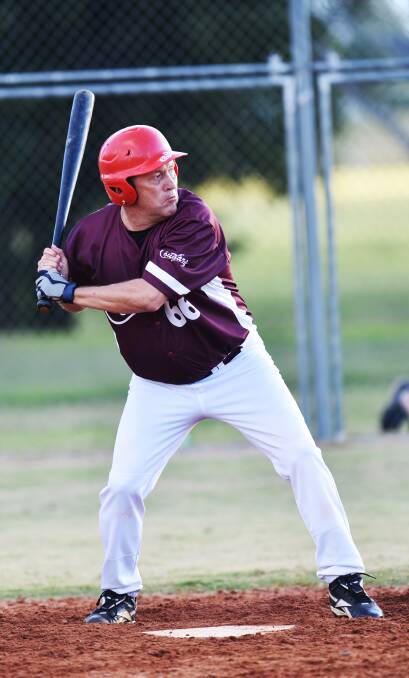 Robert Bowen prepares to hit for his side in its thrilling 
one-run come-from-behind late rally against Warriors in their Tamworth first grade baseball match at the Field of Dreams. Photo: Geoff O’Neill 230515GOF03