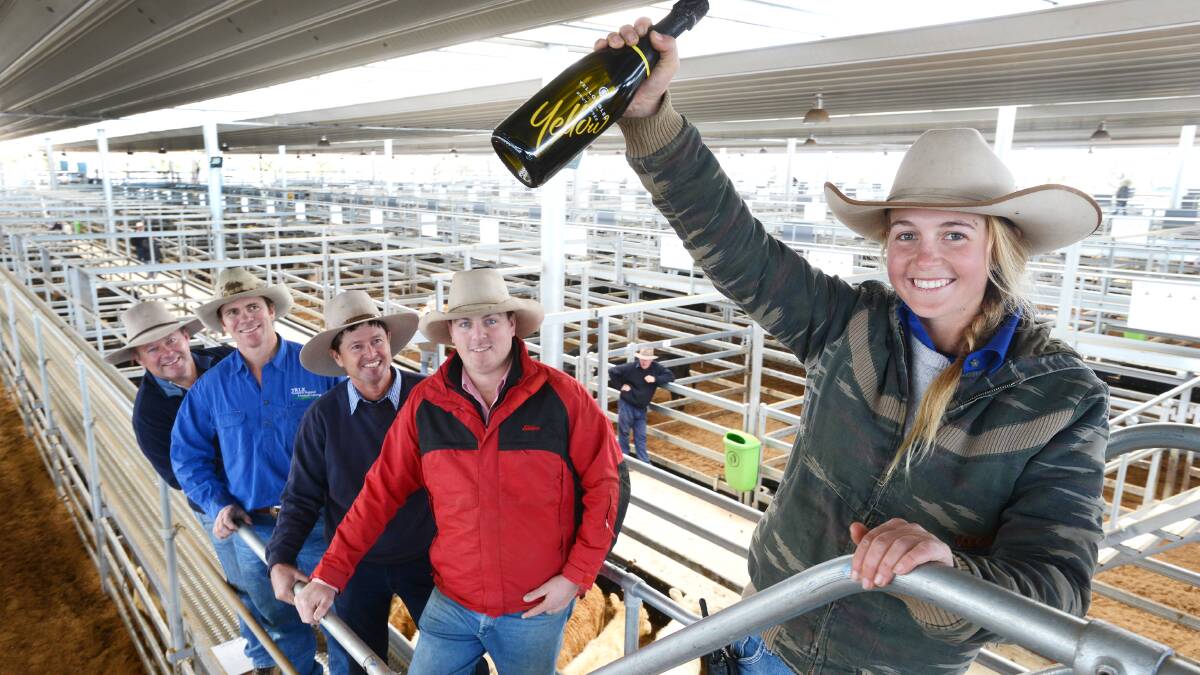 HAPPY BIRTHDAY: It was business as usual at the Tamworth Regional Livestock Exchange yesterday for its end of financial year store sale, but a little time was found to acknowledge the facility’s first birthday. TRLX employee Maddy Coleman grabs the champagne while Simon Burke (TLSAA), Dan Greenwood (TRLX), Chris Paterson (TLSAA) and Nathan McConnell (TLSAA) look on. Photo: Barry Smith 270614BSB02