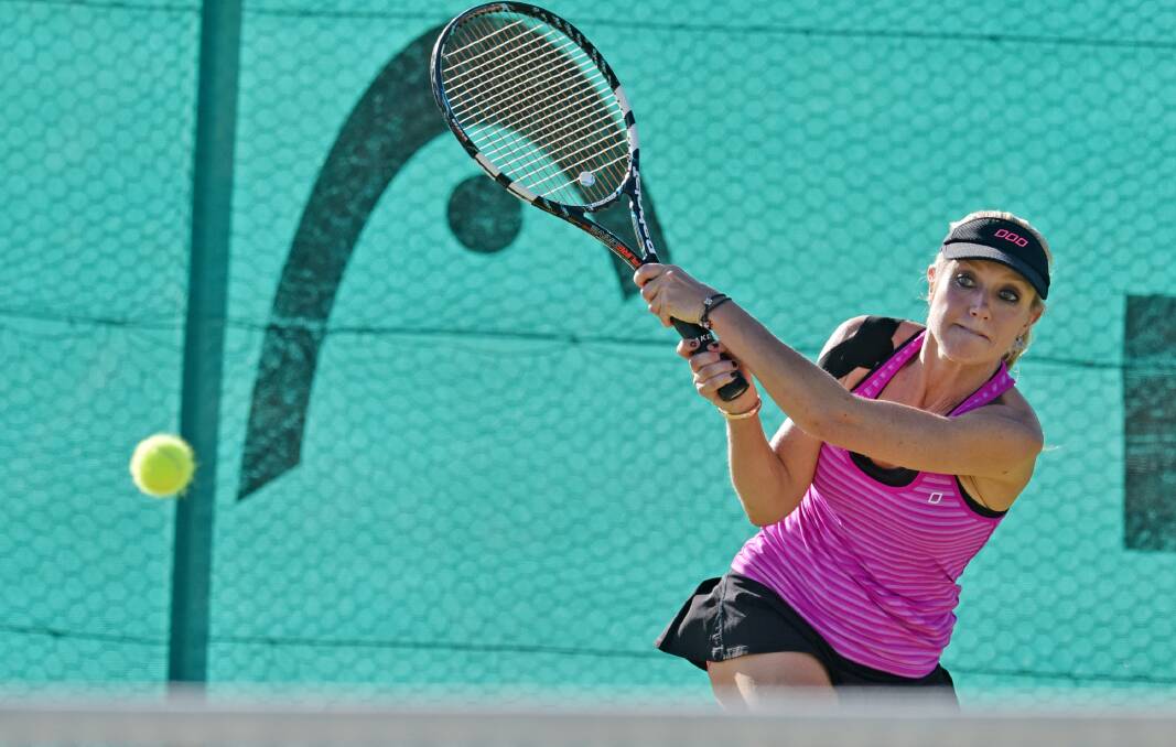 West Tamworth’s Brooke Frances nails a backhand against first-round hosts Treloar Park. Photo: Geoff O’Neill 240515GOE04