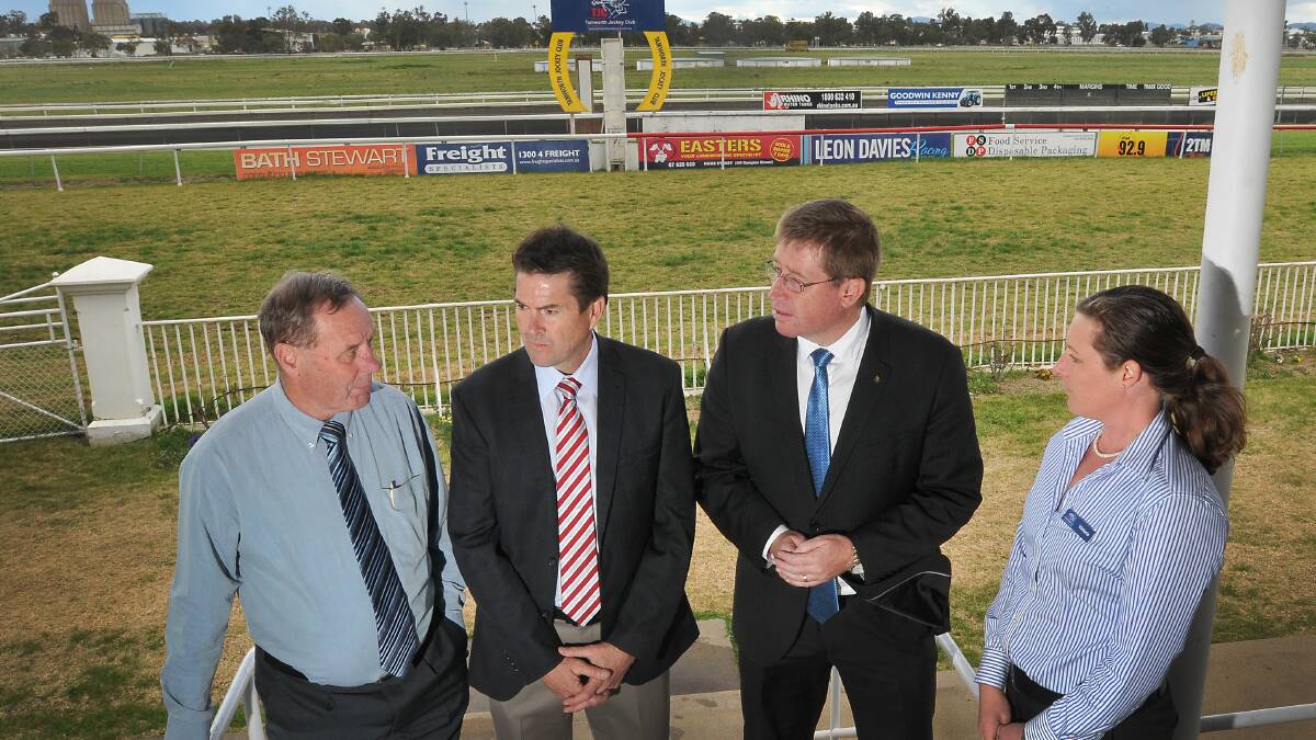 On track for a $100,000 Country Championship feature for Tamworth (from left) TJC president Garry Collins, Tamworth MP Kevin Anderson, Racing Minister Troy Grant and TJC operations manager Victoria Toy. Photo: Gareth Gardner  260814GGD04