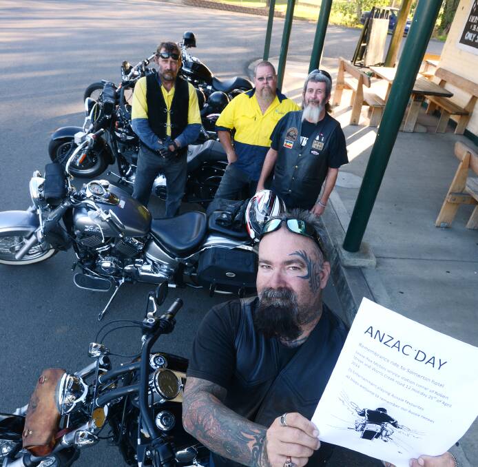 CALLING ALL RIDERS: Two motorcycle runs are happening soon – one on Anzac Day and the other on May 10 – the latter for charity. Run organiser Troy Windle, front, is pictured with, back, from left, Riggs, Scott Burgess and Mick Billington. Photo: Barry Smith 070414BSC01
