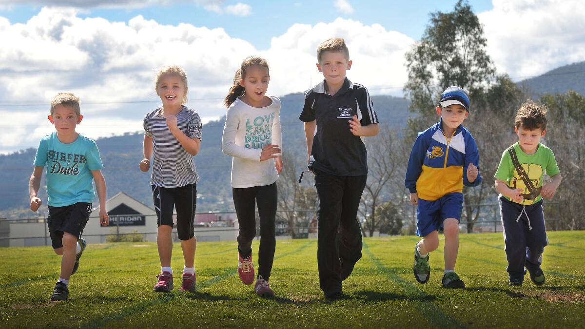 Enjoying the first of two Little Athletics ‘come and try' days :  (from left) Evan Morrison, Alice Fahey, Charlotte Mason. Jackson Swawell, Noah Skelton and Jayden Howe.   Photo: Gareth Gardner  240814GGC01