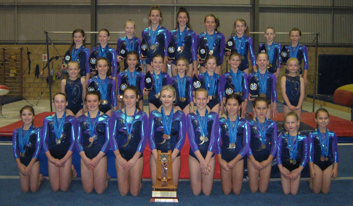 Tamworth Gymnastic Club’s country champions (front from left): Annalise Tighe, Abby McGrath, Julia Hannaford, Alysha Baker, Amber Kuczer, Hannah Dowden, Charlotte Fay, Jemma Baker, Sophie Weekes, Sophie Walker, (middle from left) Lily Godley, Marni Evans, Harriet Fay, Amber Downes, Sapphire Kuczer, Tori Monaghan, Georgia Goodwin, Maisie Wilde, Piper Swalwell, (back from left) Ella Constable, Skyler Dowden, Sarah McIlveen, Georgia Pryer, Caitlin Ham, Ellie Hannaford, Josie Douglas, Kelsey Dietrich, Paige Seaton.
