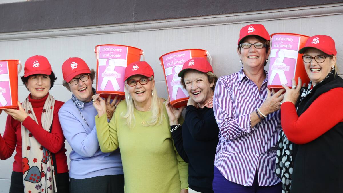 BIRDS ON A MISSION: Tamworth Serendipity members and supporters will have their red-bucket fundraiser this weekend, including from left, Helen Tickle, Adele Holtsbaum, Sandy Brooks, Anne Robson, Helen Hill and Liney Manning.
Photo: Barry Smith 080514BSG03