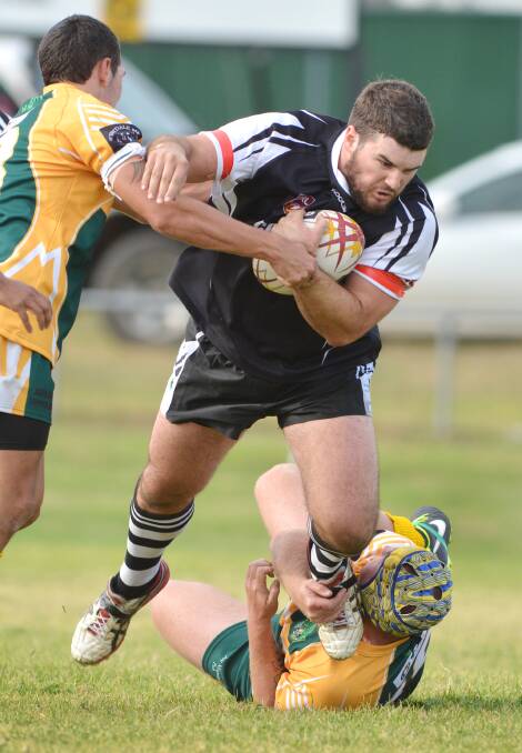 Werris Creek prop Thomas Brown crashes it up into the Bendemeer defence during Sunday’s 34-26 G4 Second Division win at David Taylor Park, Werris Creek. 
Photo: Barry Smith 180514BSE02