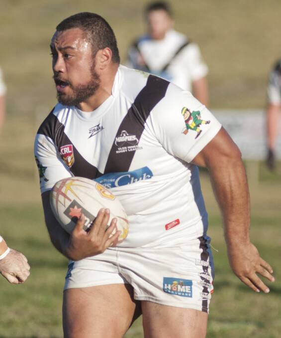 Mone Loketi on one of his rampaging runs for the Magpies in last Saturday’s win over Inverell. The Magpies have another huge game at home against Moree Boomerangs this Saturday. Photo: John Hamilton