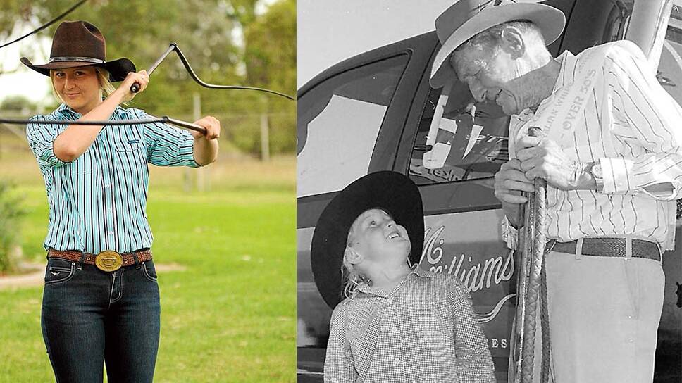 LEFT - NATIONAL CROWN: Gunnedah’s Brooke Wicks defeated all comers to earn the Australian Women’s Whipcracking Champion title at this year’s Sydney Royal. RIGHT - ALL IN THE FAMILY: This photo of Brooke and her grandfather the late Bert Wicks, was taken at the Australian whipcracking titles run during the country music festival in 2003 when three generations competed. Brooke was five and she was second in the pee wee under-8s division. Bert was 78 and he came third in the over-50s division. Photo: Sam Woods, Namoi Valley Independent