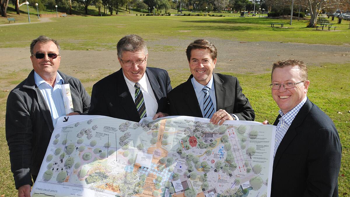 NEW PLANS: Brian Sheedy, Tamworth mayor Col Murray, member for Tamworth Kevin Anderson and GM Paul Bennett show off the plans for the new park. Photo: Geoff O’Neill 250614GOC01