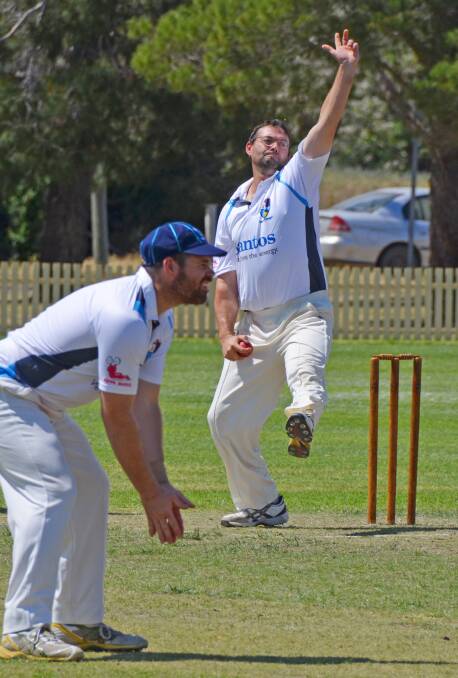Chris Sargent will have a big role to play with bat and ball for Narrabri against Moree tomorrow. He’s pictured bowling against Gunnedah recently with skipper Lachlan Cameron readying for the catch. Photo: Chris Bath 121014CBA04