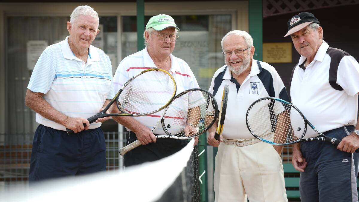 Hitting up for a 13th West Seniors Tennis tournament are (from left) Peter Denton, Brian Guest, Peter Battle and club president John Ball.  
Photo: Barry Smith 200514BSE02