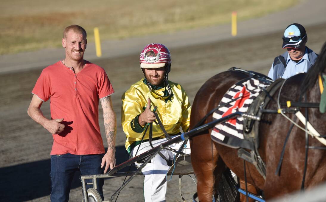 Dean Germon gives the thumbs up after piloting High On Dreams to a win in the 
Droughtbreaker Mile Final at Tamworth yesterday. Photo: Geoff O’Neill 050516GOD03