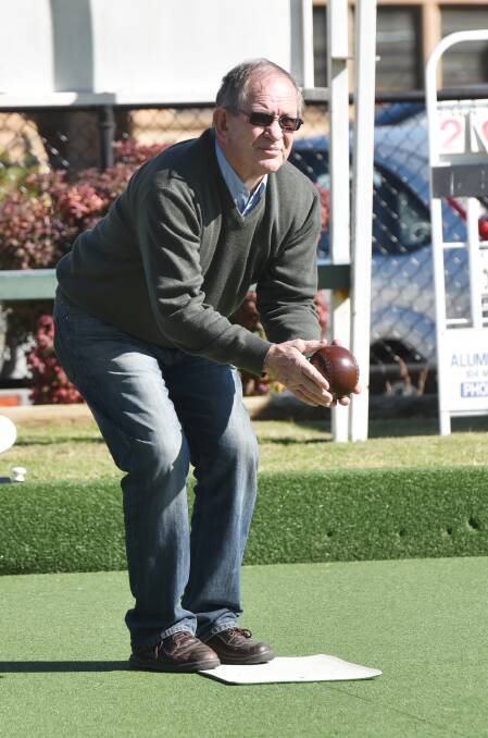 Former NSW second-rower Ken Thompson lines up at the Manilla Men Of League bowls day. Ken was also a captain-coach of the Manilla Tigers back in his outstanding footballing days. Photo: Geoff O’Neill 100716GOC04