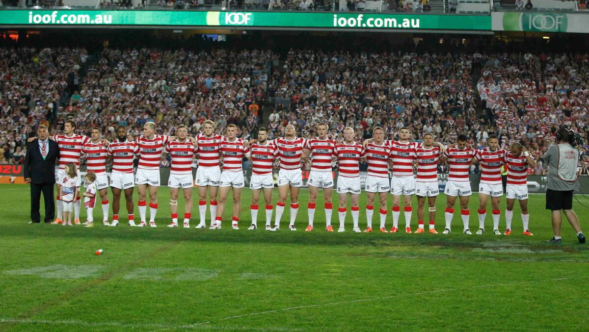 The Wigan line-up prior to the World Club Challenge game against Sydney Roosters at Allianz Stadium. Picture: Anthony Johnson