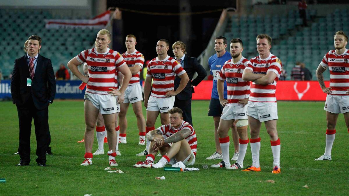 Wigan players after a hiding in the World Club Challenge game against Sydney Roosters at Allianz Stadium. Picture: Anthony Johnson