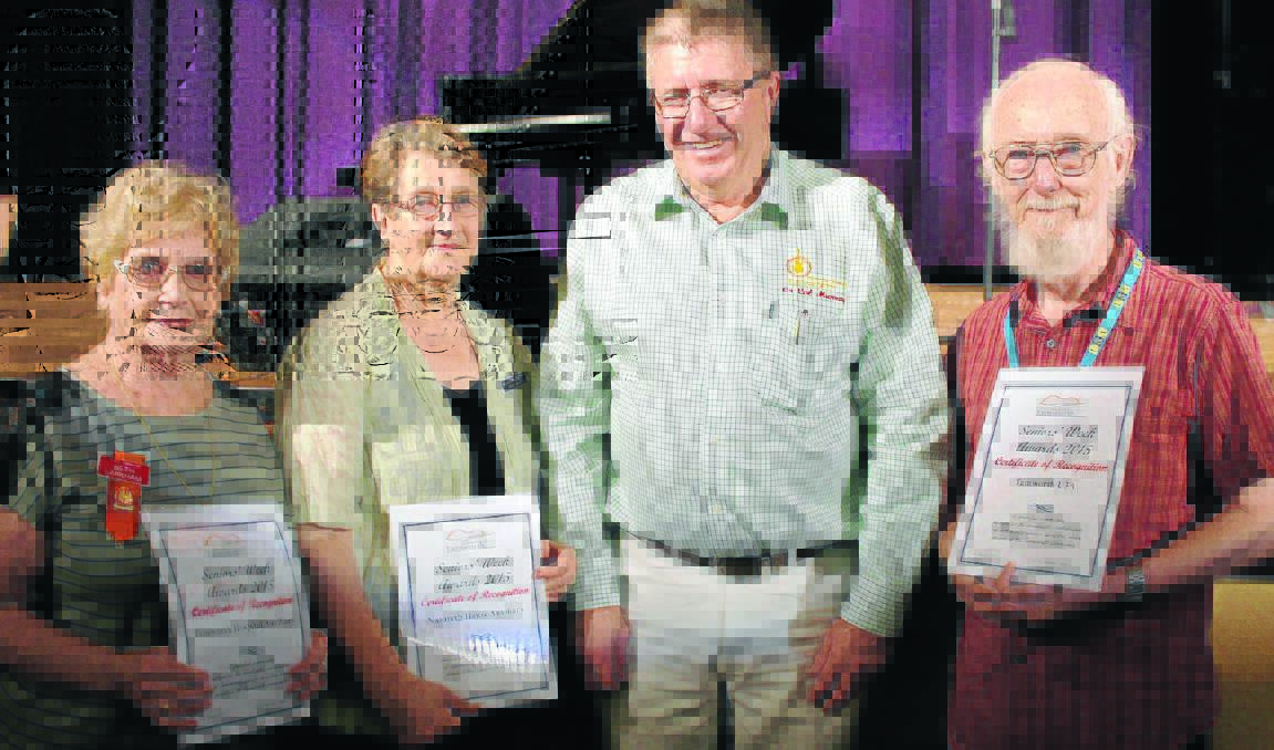 RECOGNITION: Three Tamworth community organisations were finalists for the group award at 
yesterday’s Seniors Week Award ceremony. Pictured, from left, with mayor Col Murray are representatives Beth Larkham (Tamworth Hospital Auxiliary), Ethel Sevil (Nazareth House Auxiliary),and Barrie Brennan (U3A). U3A was the eventual winner.