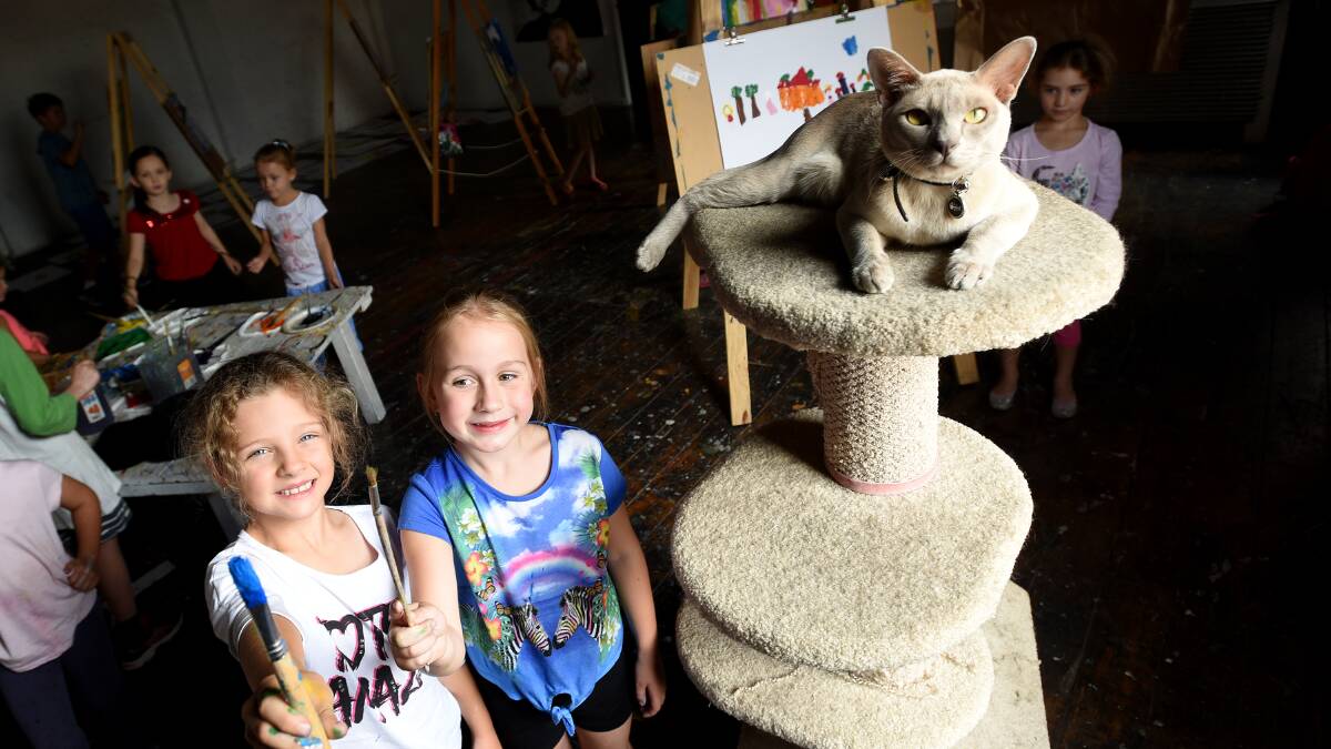 ARTISTIC PAIR: Caitlin Grobler, 7, and Lily Berryman, 5, with Byron the cat. 040116GGB01