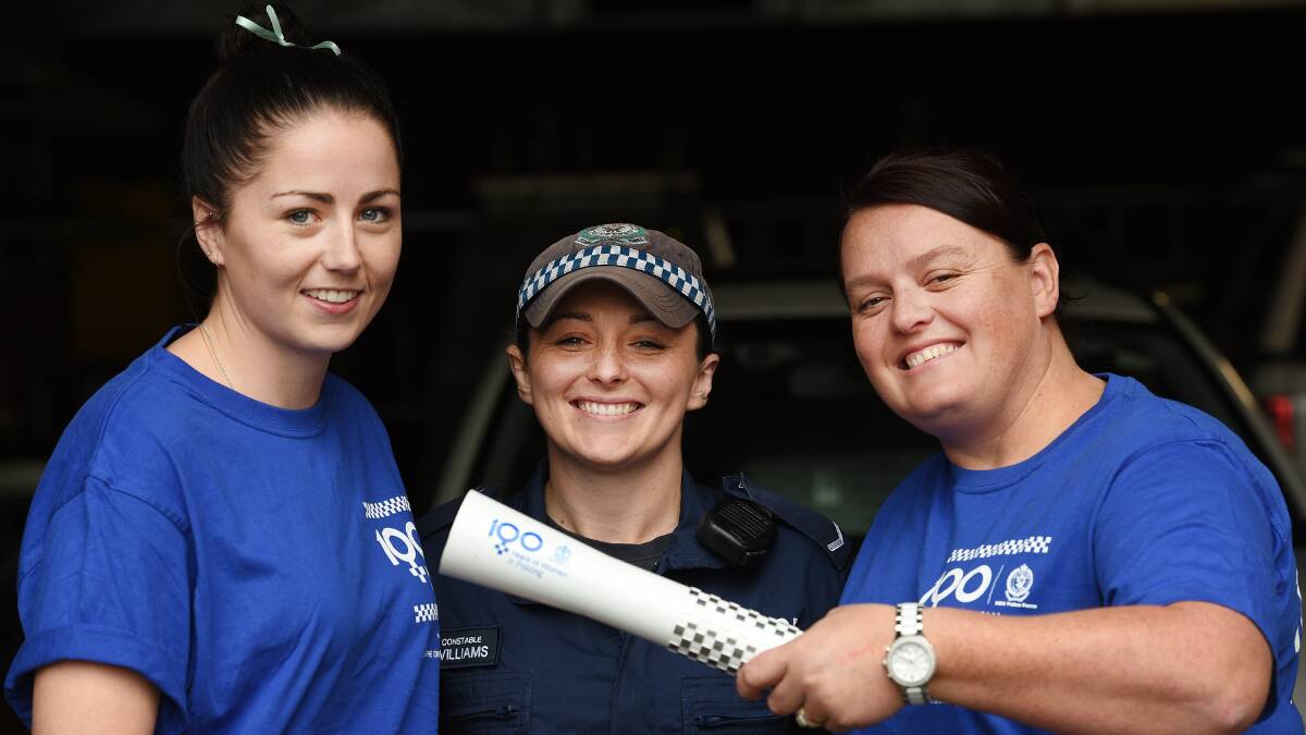 CELEBRATING: A relay around Tamworth today will mark 100 years of females in the force, with participants including Constable Chloe Thompson, Constable Anna Williams and Inspector Kylie Edemi.  Photo: Gareth Gardner 290515GGB04