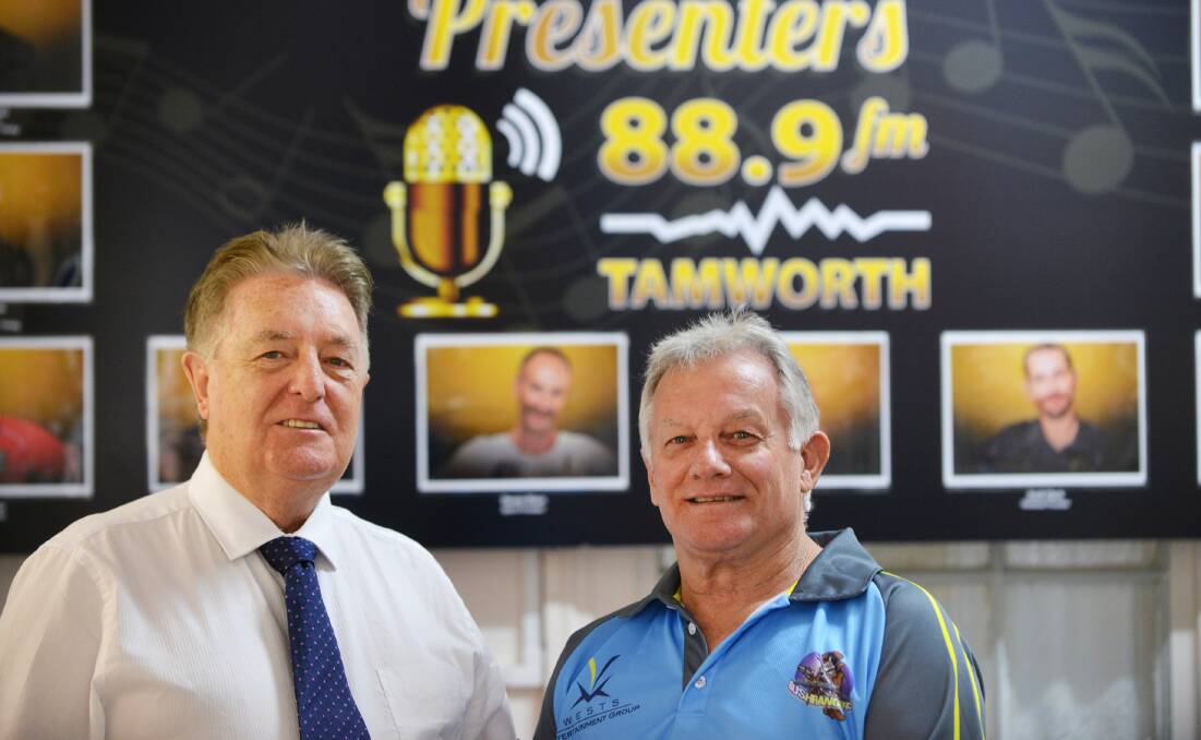 88.9FM Station Manager George Frame (left) and Group 4 representative Ray McCoy at the announcement  yesterday morning that the station will take the naming rights to the Group 4 First Division competition this season. Photo: Barry Smith 290416BSC02