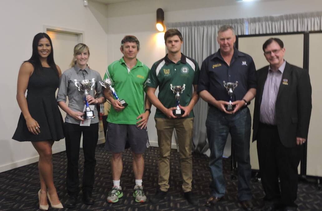 Special guest Tiana Penitani (left) with Armidale Sports Awards senior teams winners (from second left) Jodie Harris (UNE women’s football squad), Jay Stone (Armidale Athletics team) Gerard Ellis Cluff (New England Nomads), Anthony McMillan (Armidale Blues) and councillor Jim Maher.