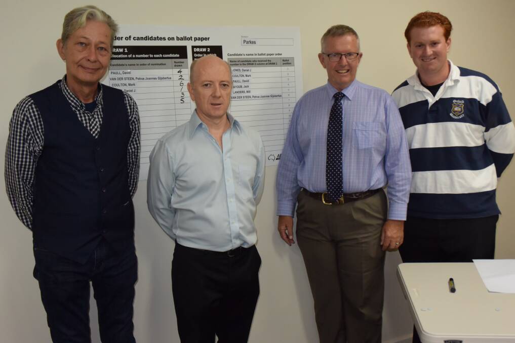 LUCK OF THE DRAW: Parkes candidates Petrus van Der Steen, Daniel Jones, Mark Coulton and Jack Ayoub at the ballot draw. Photo: ORLANDER RUMING