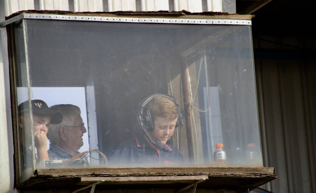HOT SEAT: Jack Chapple in the Broadcast Box at Narrabri with Club President Peter Shepherdson and Elly Chapple. PICTURE: Coffee Photography