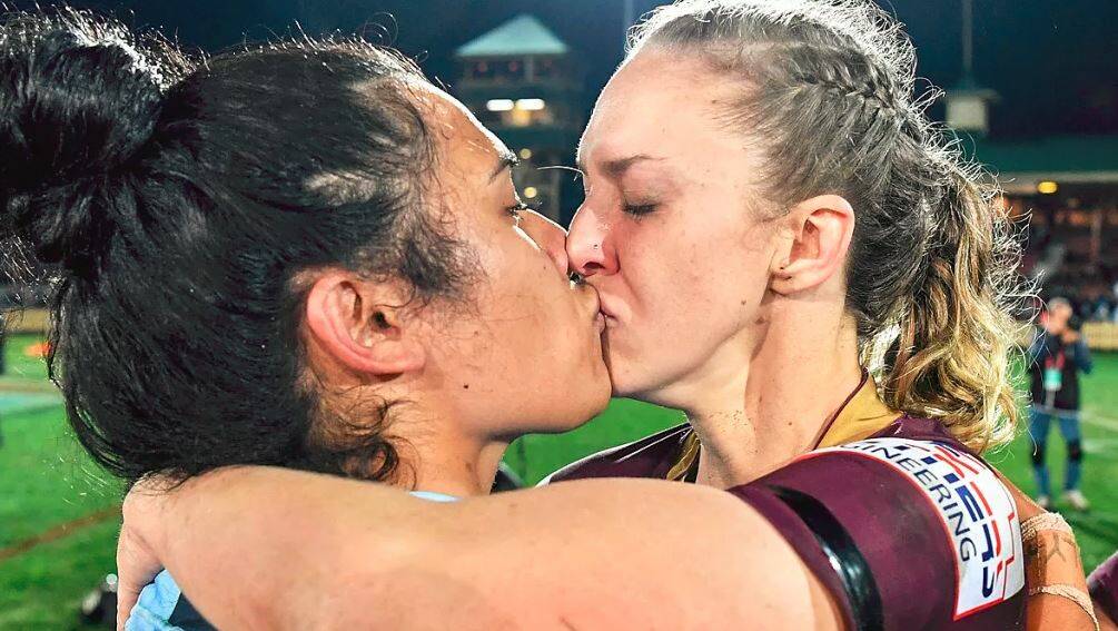 Karina Brown and Vanessa Foliaki embraced at the end of the inaugural women's State of Origin match. Picture: NRL