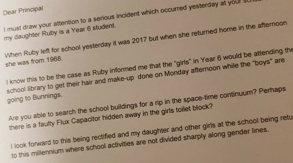 Dad pens angry letter to school for sending girls to make-up and boys to Bunnings
