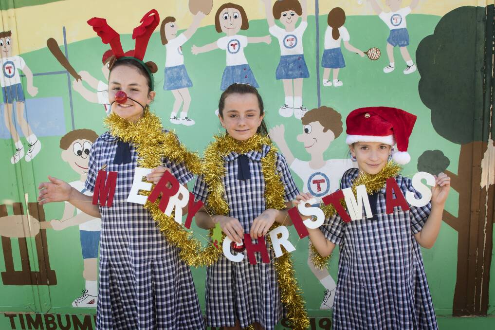 CAROLS: Alicia Turner, Caitlin Blanch and Poppy Walmsley invite you to Timbumburi School's Carols by Glow Stick this weekend. Photo: Peter Hardin 221117PHB11