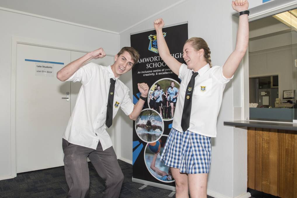 CELEBRATION: Lachlan Smith and Georgia Taggart of Tamworth High School are now almost half way through their HSC exams. Photo: Peter Hardin 