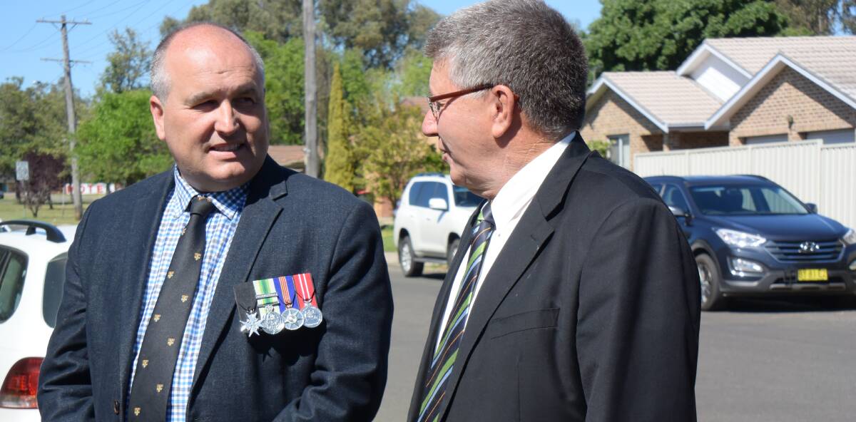 Standing firm: Minister for Corrections David Elliott, pictured left, with Mayor Col Murray in Tamworth on Friday. Photo: Haley Craig