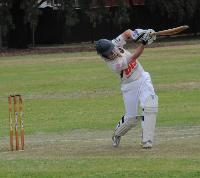 CRUNCH: Damien Baldwin hammers a drive through the off side as Albion heads towards first-innings points against Court House in Gunnedah cricket on Saturday.