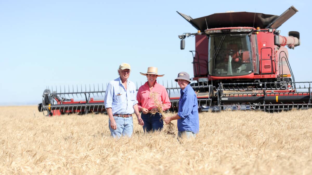 Scott and Jane Duddy of Millers Creek Plains at Willow Tree with harvester Russell Smith. 