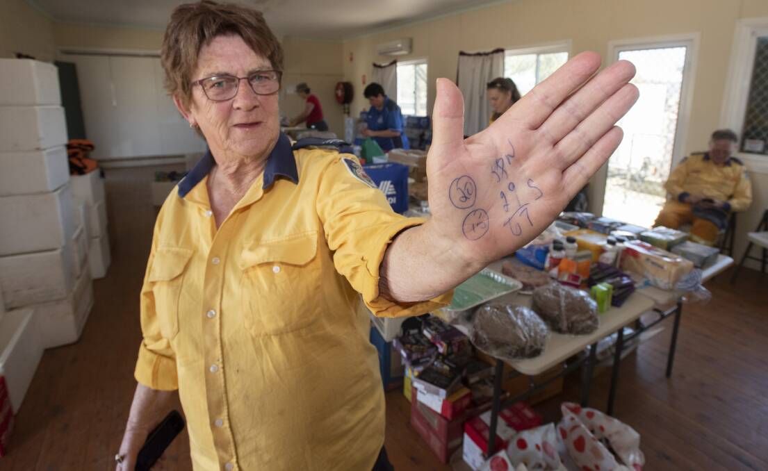 Commander Pat: RFS volunteer Pat Rogers coordinated food support as fires blazed at Moonbi. Printed on her hand is the number of firefighters she helped feed in a single day. Photo: Peter Hardin 131119PHE029